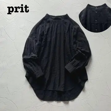 프릿 하이넥 백 버튼 개더 블라우스 스탠드 칼라 셔츠