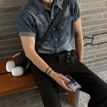 ASCLO 머슬핏 데미지 블루 데님 셔츠 워싱 가공