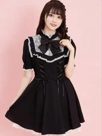 시크릿 허니 사이드 레이스업 레이스 요크 반팔 원피스