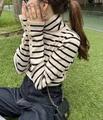 DISCOAT 디스코트 리브 소매 버튼 터틀넥 풀오버 보더