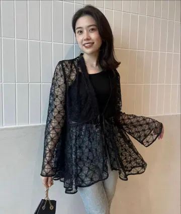 anuans 레이스 플레어 슬리브 가디건 블랙 F