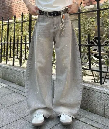ADAMASTE 그레이 와이드 데님 팬츠 페인트