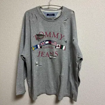 TOMMY JEANS 그레이 데미지 가공 맨투맨 made in USA