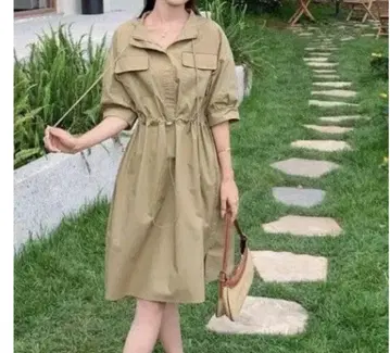 카키 반팔 셔츠 원피스 허리밴딩