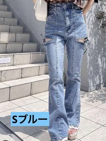 INGNI 사이드 리본 컷 아웃 플레어 데님 팬츠 블루