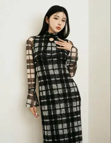 다리치 darich 파이핑 체크 레이스 롱 원피스