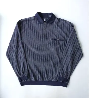 90's 빈티지 긴팔 피케 셔츠 네이비 XL 레트로 올 패턴