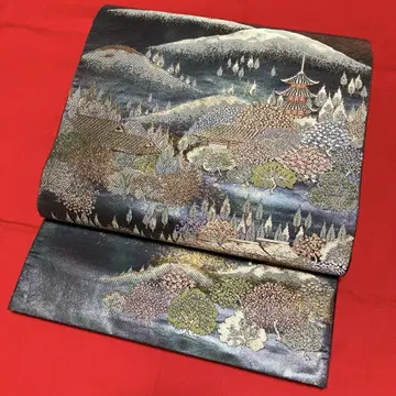 오비 주머니 순수 실크 짙은 녹색 금