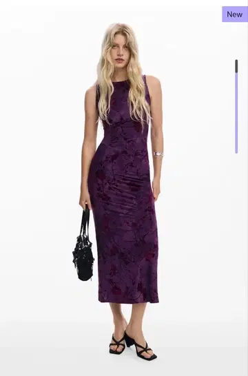 Desigual 플라워 프린트 보라색 타이트 핏 미디 드레스