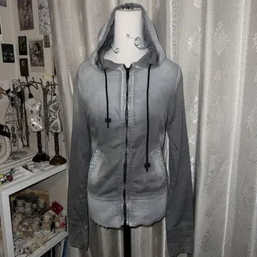 그레이 후드 부착 지퍼 후드티 스톤 장식 음표 높은음자리표