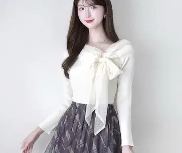 시마무라 카도와키 레이나 튤 리본 오프숄더 니트 풀오버 아이보리 4L