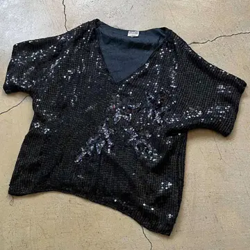 50s 빈티지 실크 블랙 스팽글 V넥 반팔 니트/스웨터
