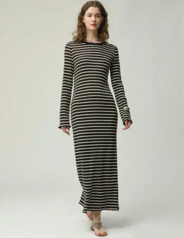 론 허먼 보더 리브 니트 원피스 블랙 x 화이트 맥시 길이