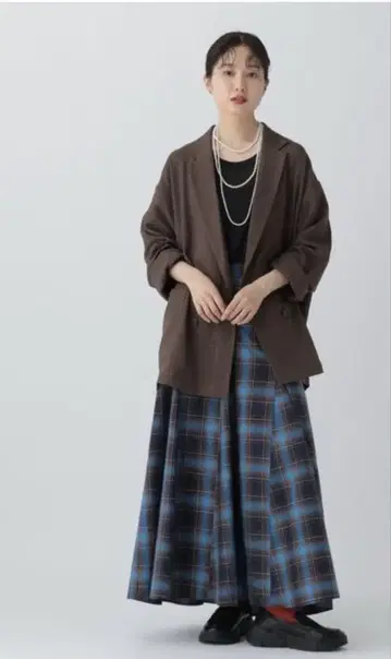 Lepsim 블루 계열 체크 무늬 플리츠 롱 스커트