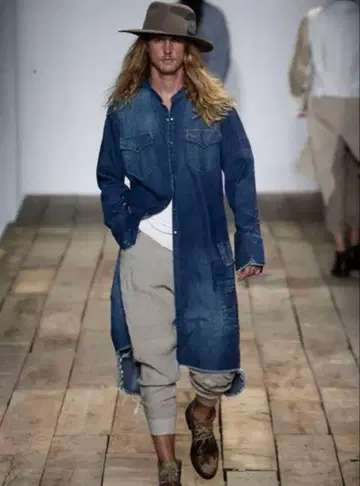 GREG LAUREN 16ss 밴드 카라 패치워크 롱 데님 셔츠