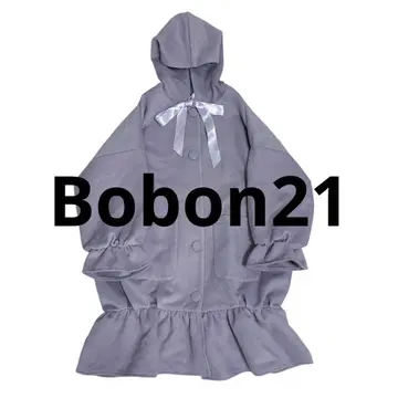 Bobon21 Jnorii 후드 부착 프릴 리본 코트 라이트 퍼플