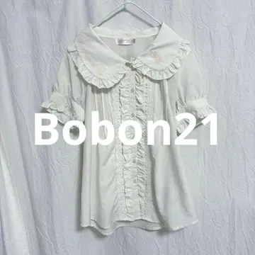 Bobon21 Bon21Hiz 반팔 블라우스 프릴 레이스 자수 S