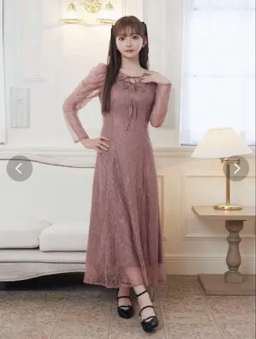 EATME 더블 리본 레이스 원피스 포멀 드레스 핑크