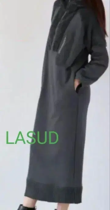 LASUD 후드 부착 그레이 롱 원피스