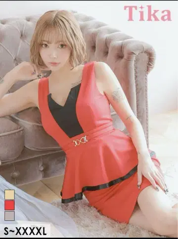 Tika 슬리브리스 V컷 넥 바이컬러 미니 드레스 XXXL 레드