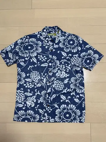 KAHALA 반팔 하와이안 셔츠 꽃무늬 파랑 x 화이트 하와이 제조