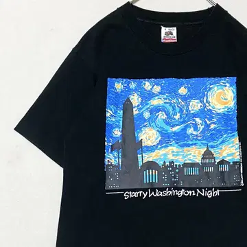 Vintage 90s 고흐 별이 빛나는 밤 아트 T셔츠 USA제 S 블랙