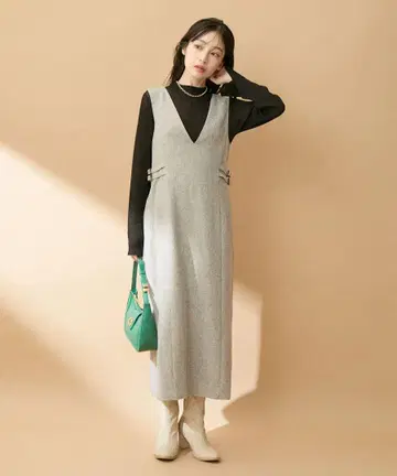 그레이 V넥 맥시 드레스 울 혼방