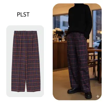 미사용 택 포함 PLST 레이온 블렌드 체크 와이드 팬츠 L 네이비
