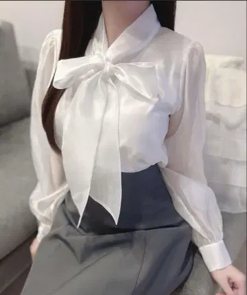 2way 리본 오간자 펄 단추 블라우스