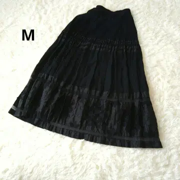 블랙 롱 스커트 M 꽃 모티브 플리츠 허리밴딩