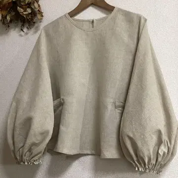 벌룬 소매 블라우스/풀오버/하프 린넨/핸드메이드
