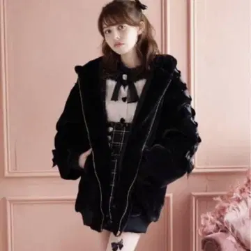 LIZLISA 리본 토끼 귀 퍼 블루종 블랙