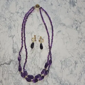 자수정 이중 목걸이와 귀찌 세트 자수정 쇼와 레트로