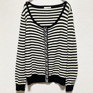 favori 보더 무늬 가디건 펄 비쥬 M 블랙 x 아이보리