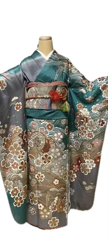 청록색 꽃무늬 후리소데 기모노 오비 오비 장식 천 허리띠