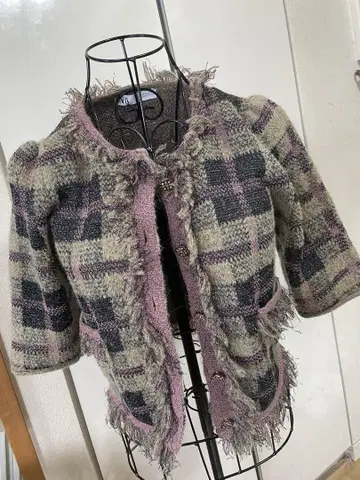 ZARA 체크 무늬 니트 노카라 자켓