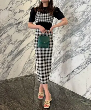[ eimy ] 체크 무늬 뷔스티에, 스커트 XS