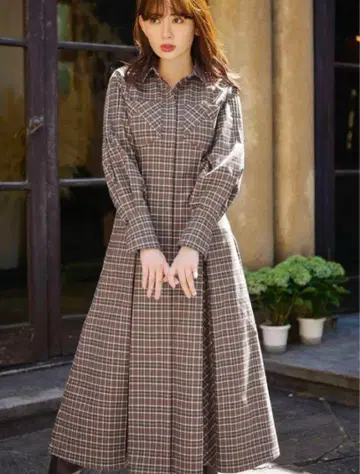 탄력 Checkered Pleats Long Shirt Dress