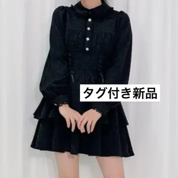 허니시나몬 레이스업 자카드 원피스 원피스 블랙