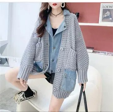 데님 니트 가디건 긴팔 그레이