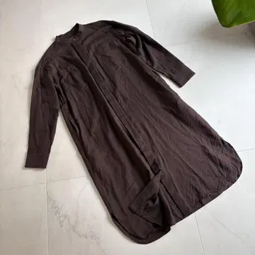 23구 노카라 셔츠 원피스 롱 긴팔 브라운 울 코튼