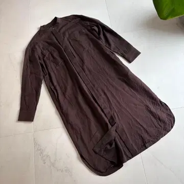 23구 노카라 셔츠 원피스 롱 긴팔 브라운 울 코튼