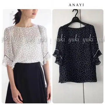 ANAYI 랜덤 도트 쉬폰 프릴 블라우스 38 네이비