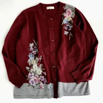 새상품급 손자수 크로스 스티치 가디건 이탈리아 실 울 버건디 빅 사이즈