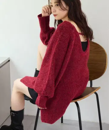 카스타네 멜란지 V넥 니트 풀오버 레드