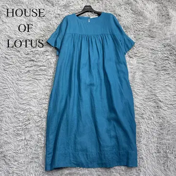 새상품급 하우스 오브 로터스 린넨 100% 개더 원피스 반팔 블루 M