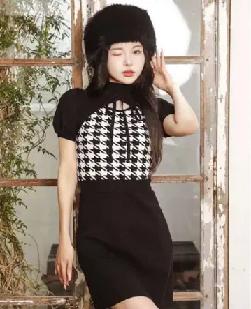 Darich 체크 리본 니트 미니 원피스 블랙 미사용 새상품