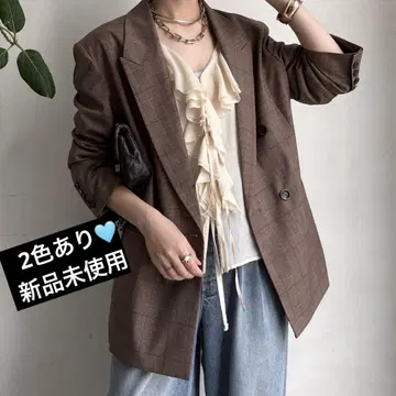 DOUDOU 어깨 패드 체크 더블 자켓