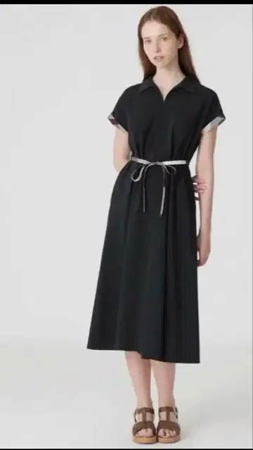 블랙 반팔 셔츠 원피스 허리 리본 포함