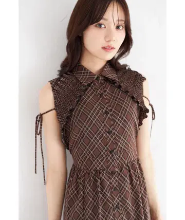 toccocloset 리본 포함 플리츠 프릴 절개 체크 무늬 셔츠 원피스
